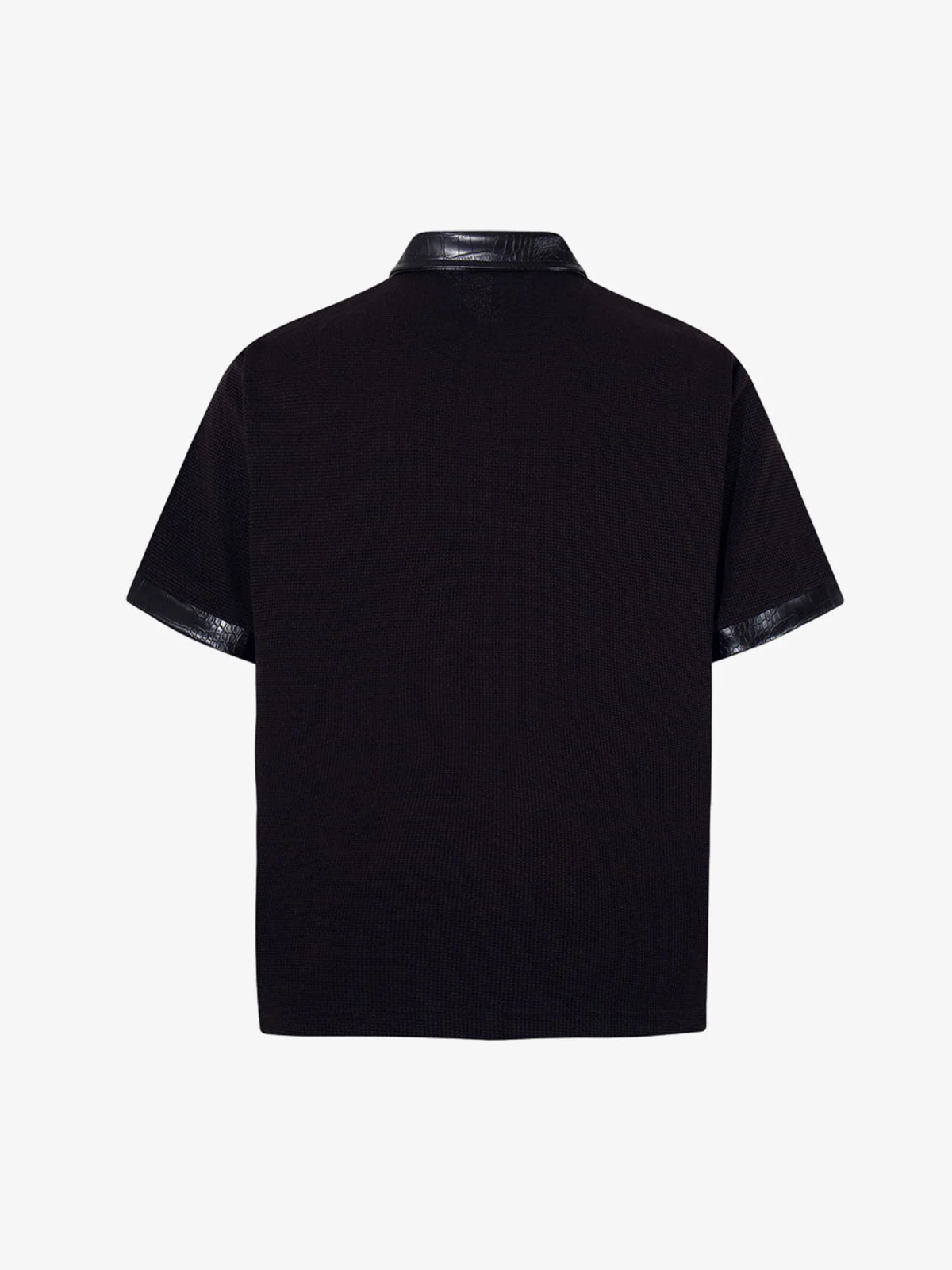 Gothic Text Print Leather Patchwork Polo T-Shirt - Image 2