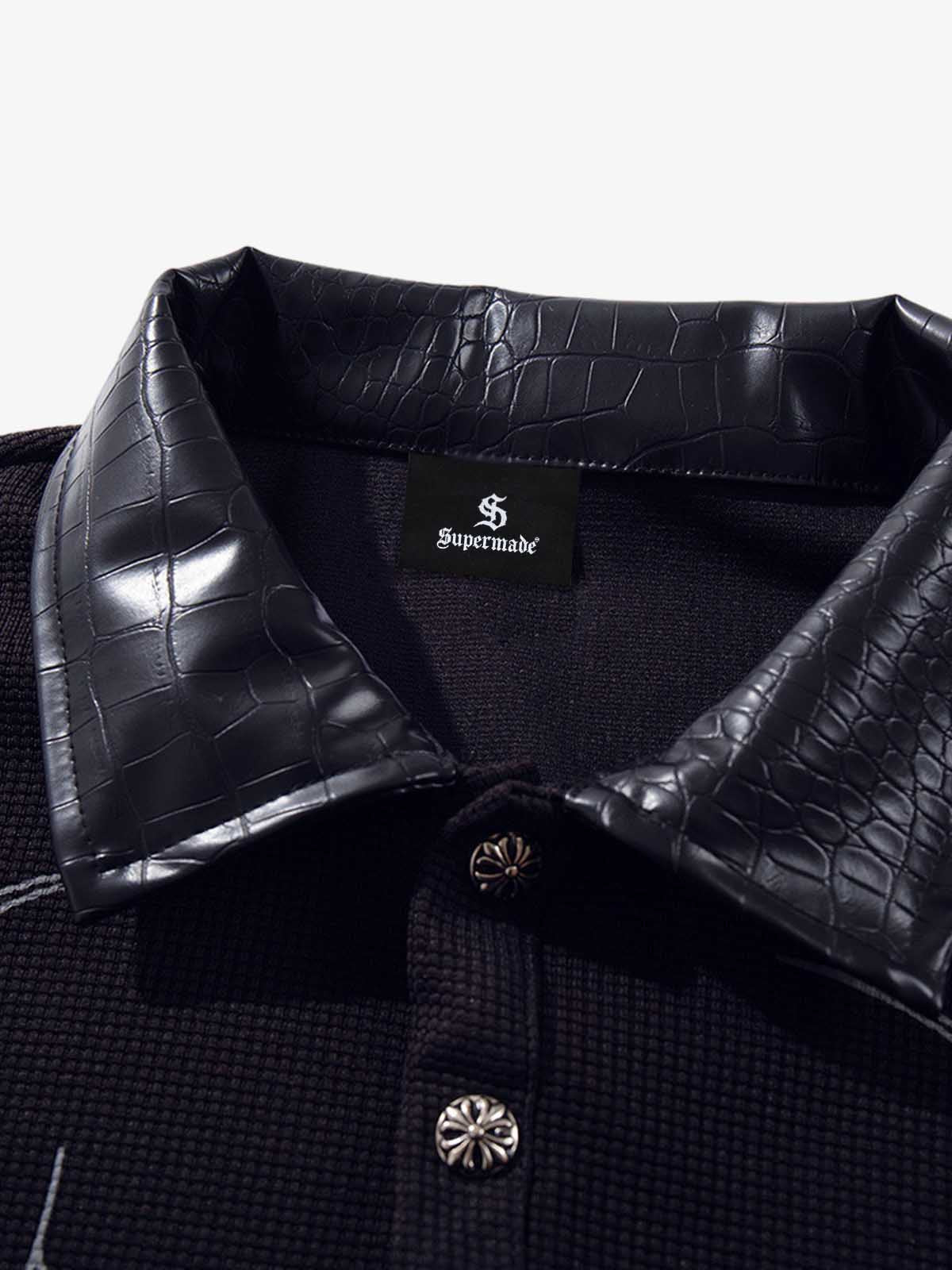 Gothic Text Print Leather Patchwork Polo T-Shirt - Image 3