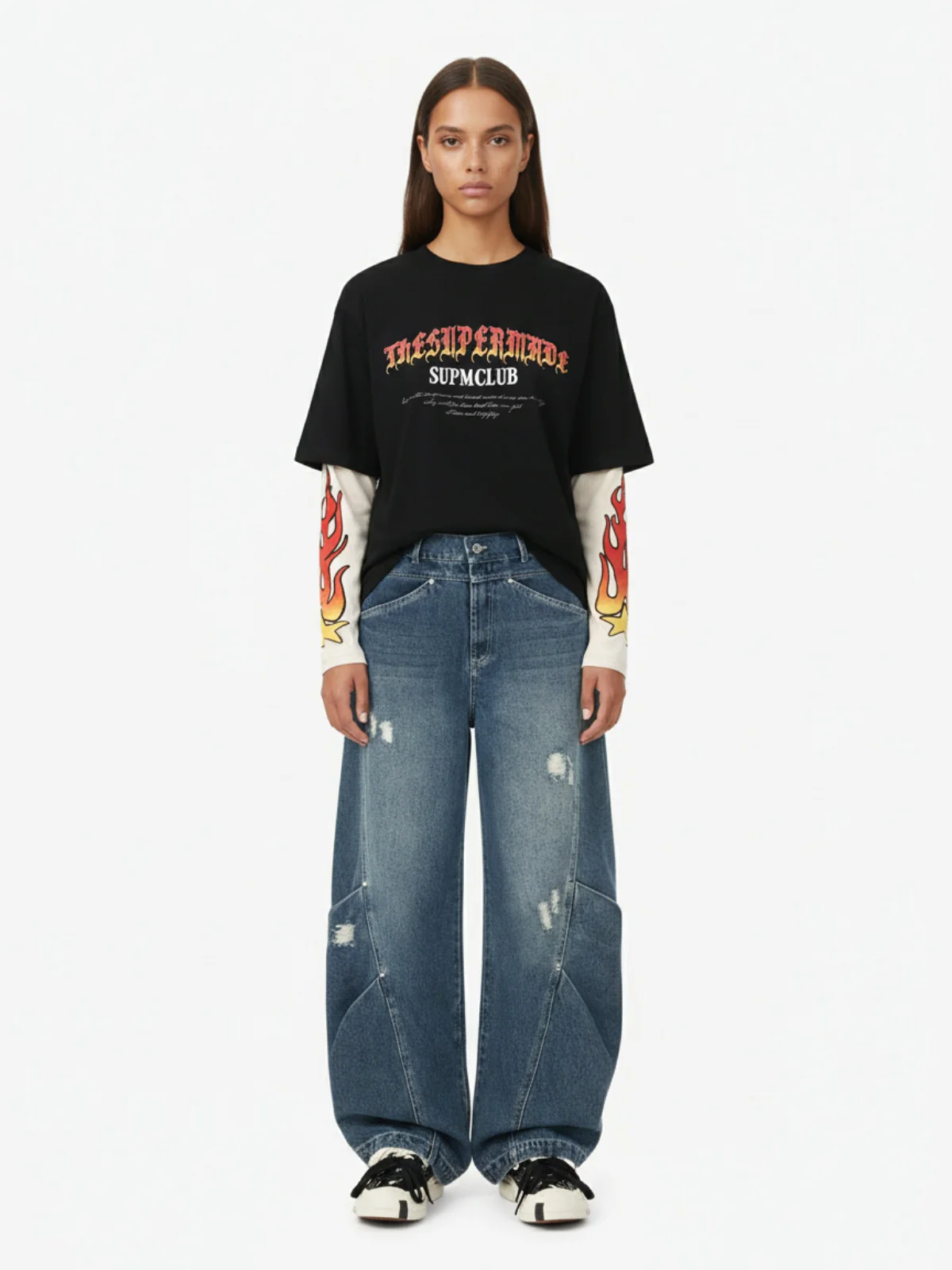 Gradient Letter Print Patchwork Faux Two-Piece Long-Sleeved T-Shirt - Image 3