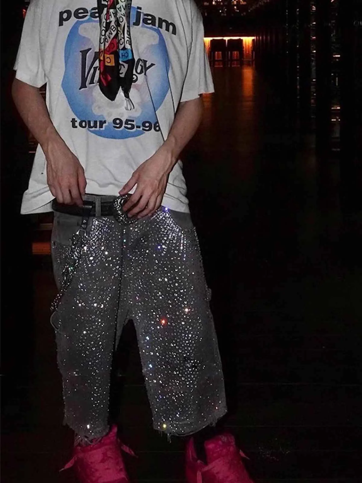 Gradient Rhinestone Embellished Denim Jorts - Image 4