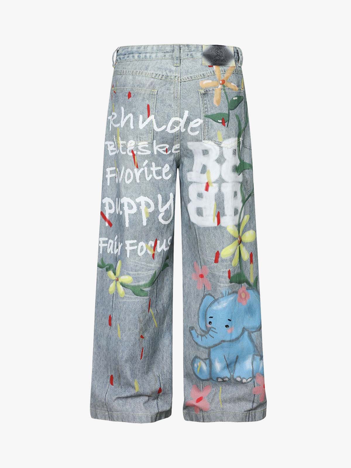 Graffiti Cartoon Animal Print Distressed Wide Leg Denim Jeans - Image 2