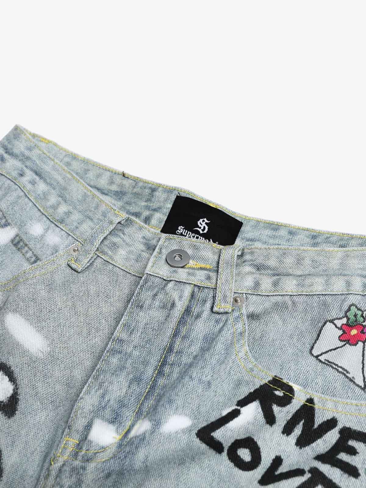 Graffiti Cartoon Animal Print Distressed Wide Leg Denim Jeans - Image 3