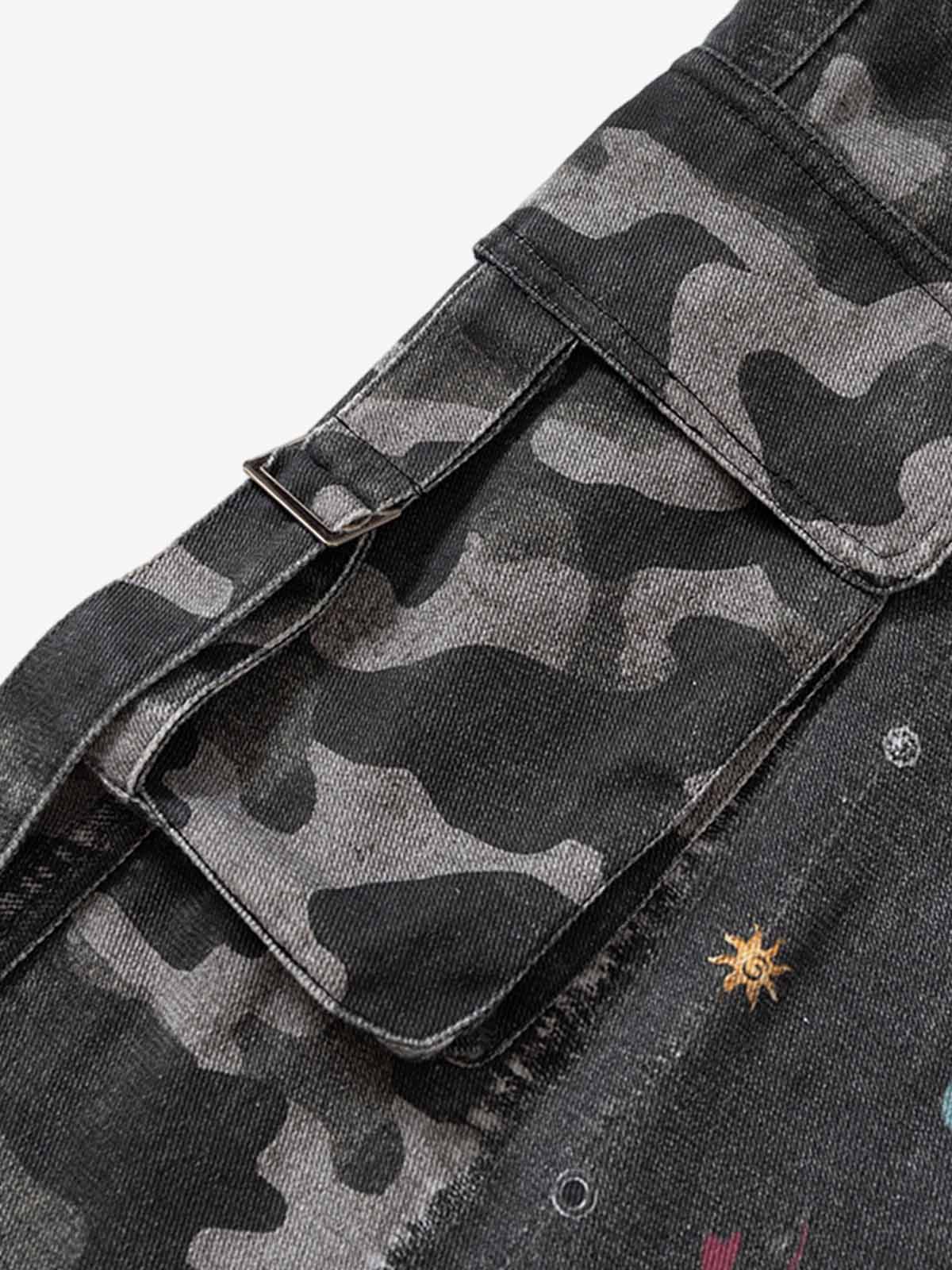 Graffiti Print Cold Transfer Camouflage Layered Cargo Jeans - Image 11