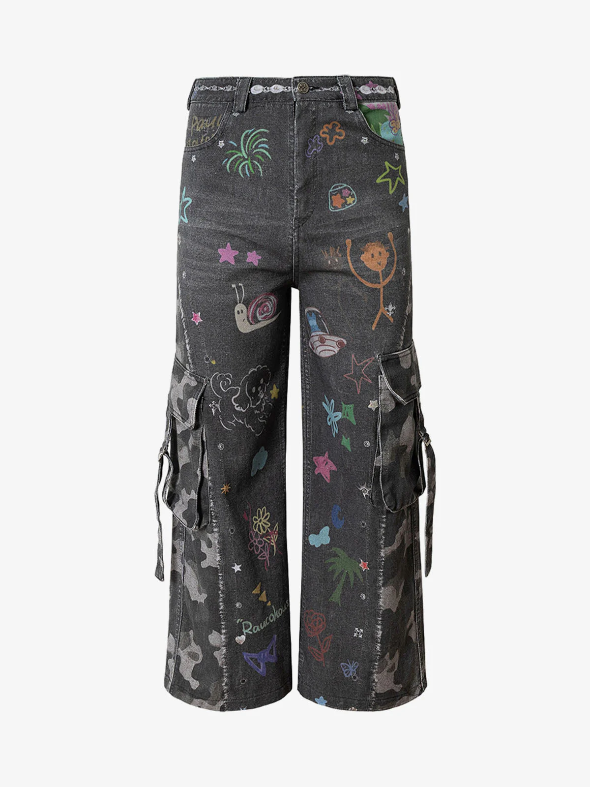 Graffiti Print Cold Transfer Camouflage Layered Cargo Jeans - Image 2