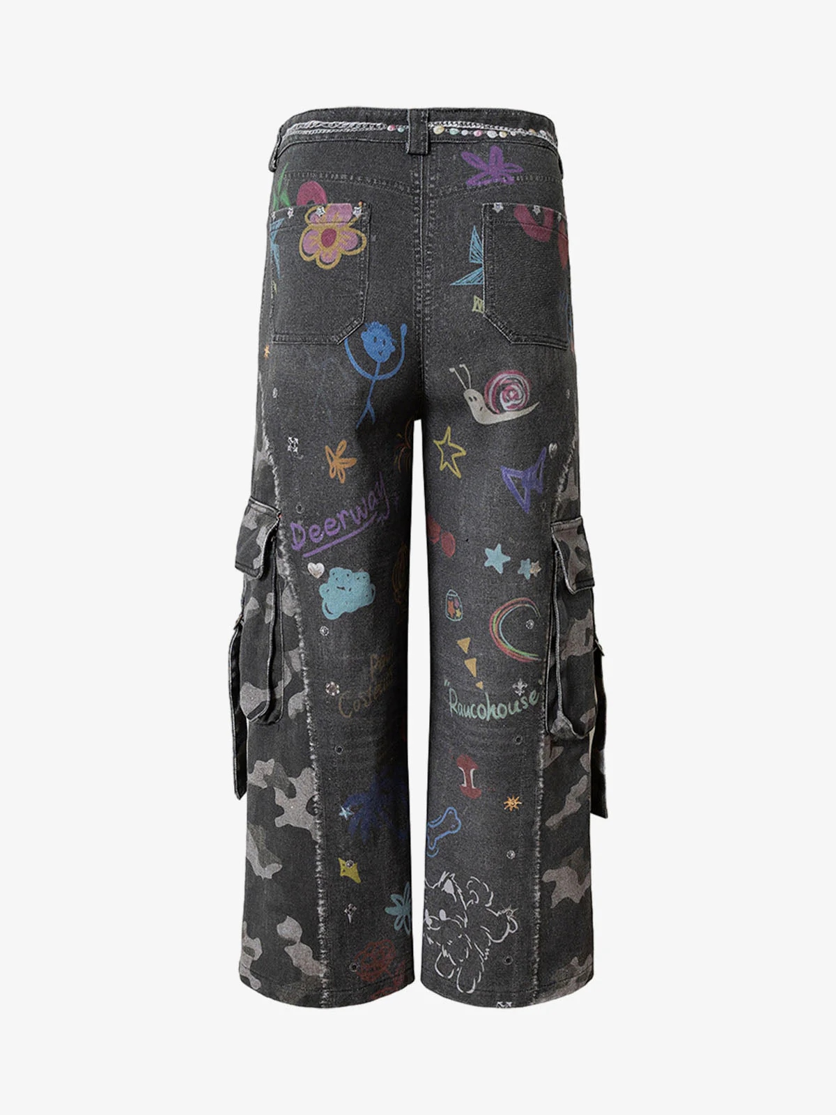 Graffiti Print Cold Transfer Camouflage Layered Cargo Jeans - Image 3