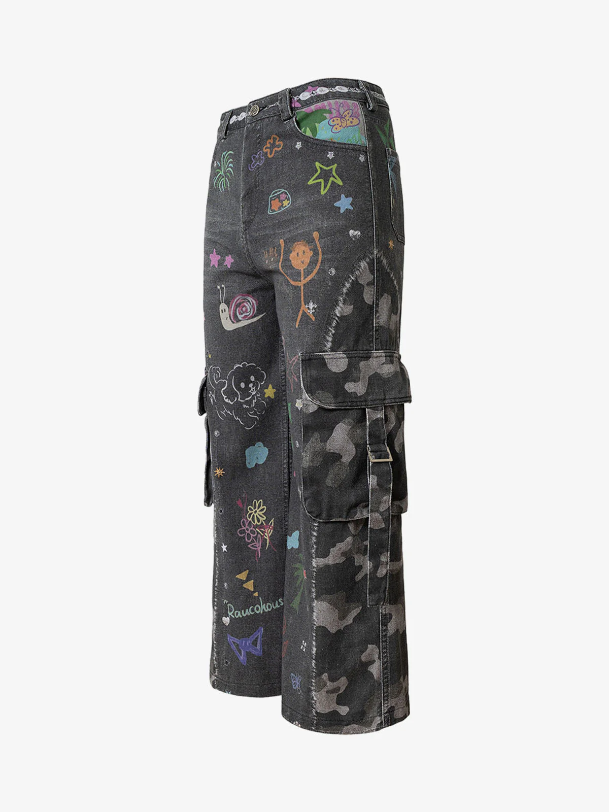 Graffiti Print Cold Transfer Camouflage Layered Cargo Jeans - Image 4