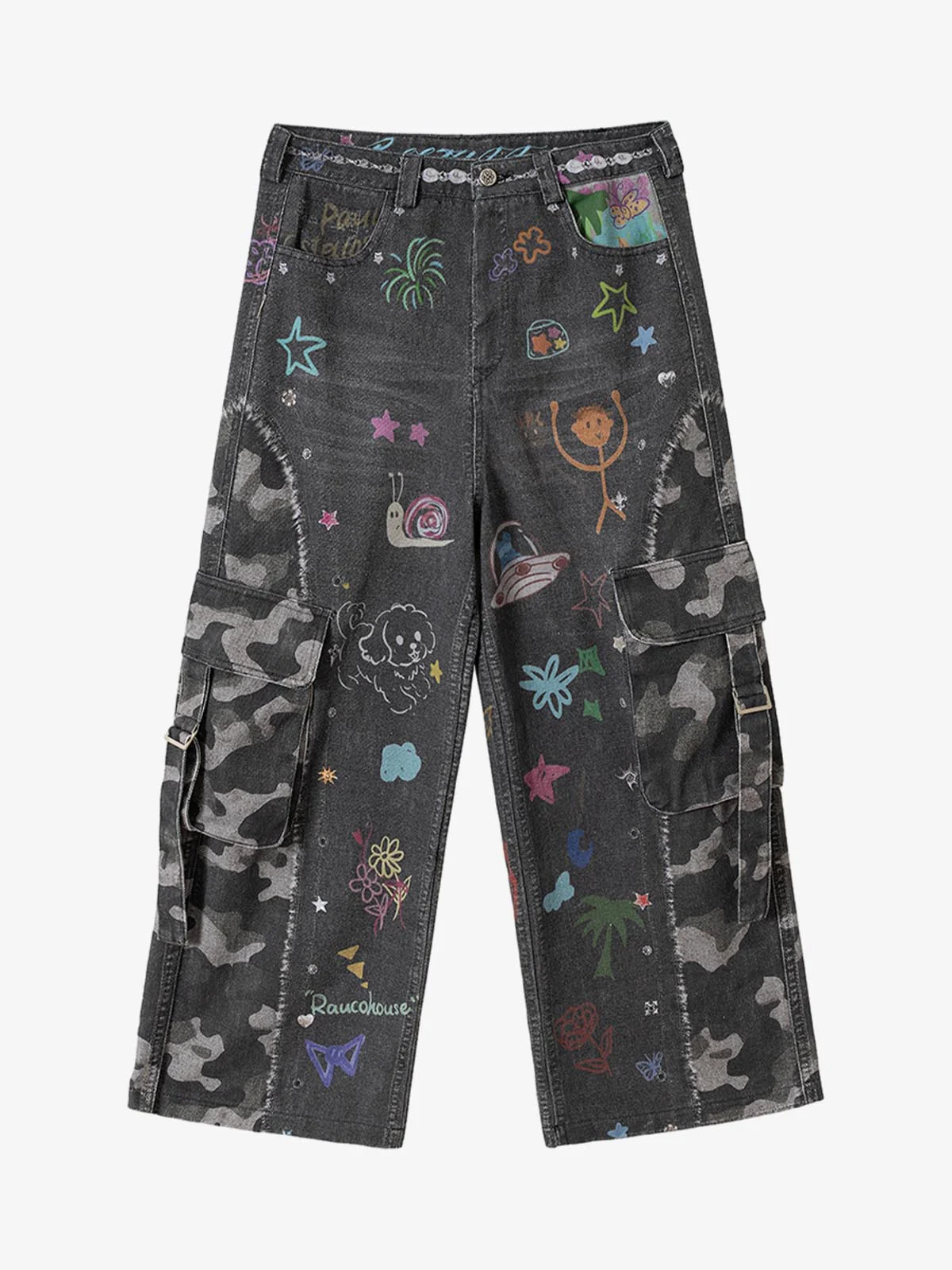 Graffiti Print Cold Transfer Camouflage Layered Cargo Jeans - Image 5