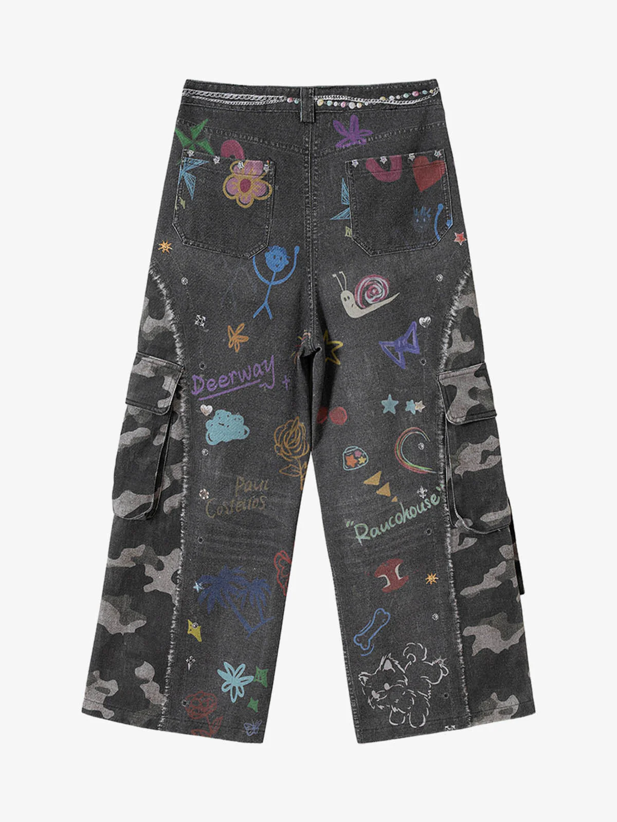 Graffiti Print Cold Transfer Camouflage Layered Cargo Jeans - Image 6