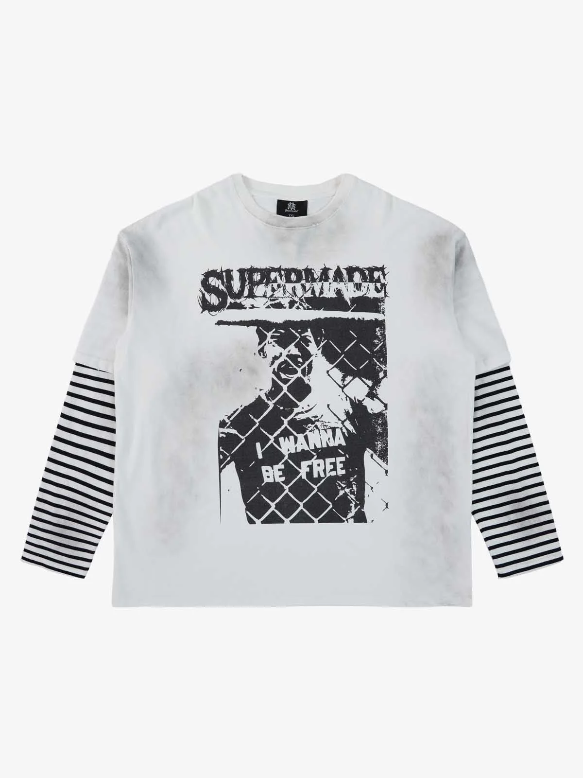 Grunge Graphic Distressed Cage Striped Long-Sleeve T-Shirt