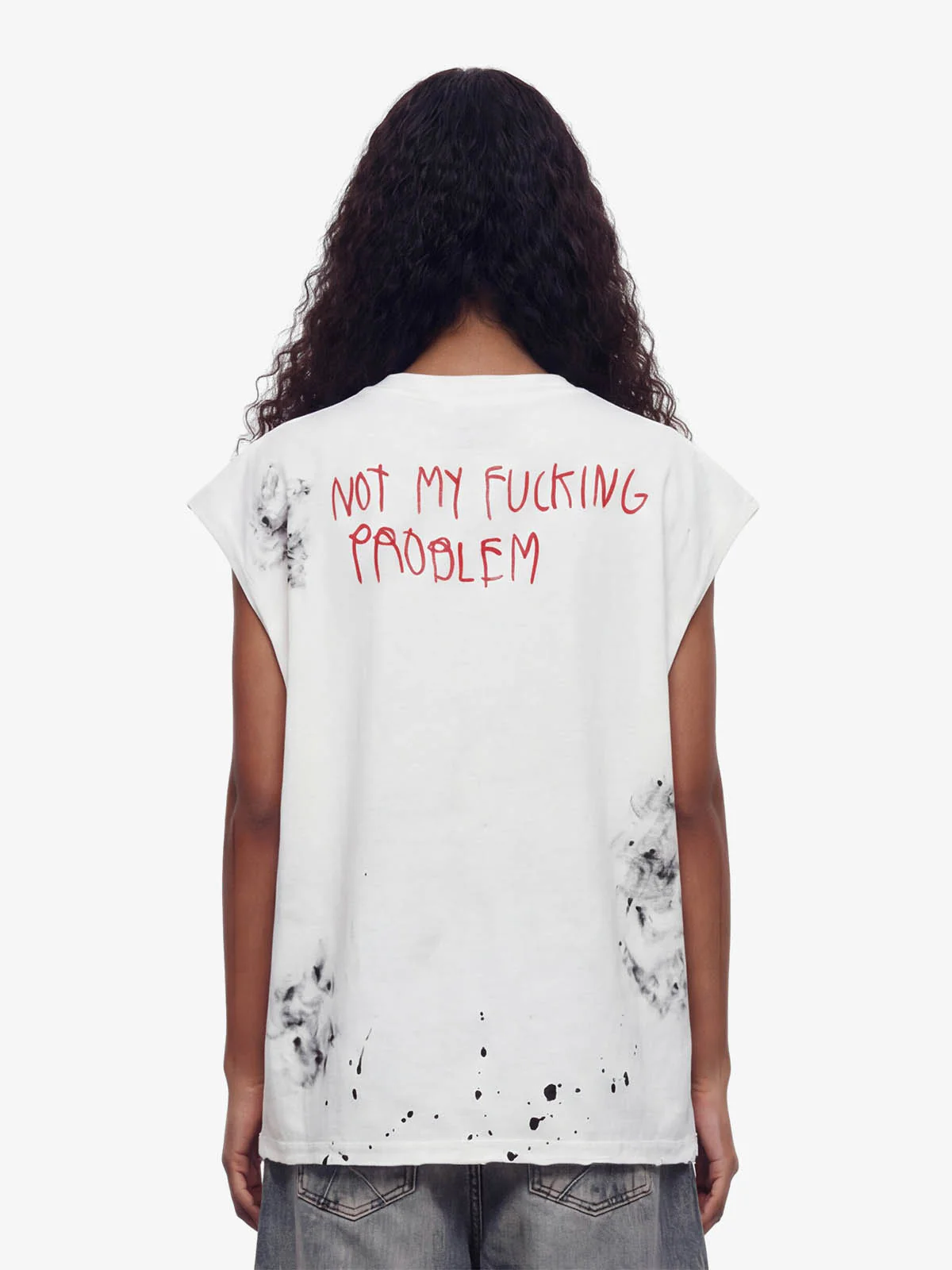 Grunge Slogan Print Distressed Raw Hem Sleeveless T-Shirt - Image 3