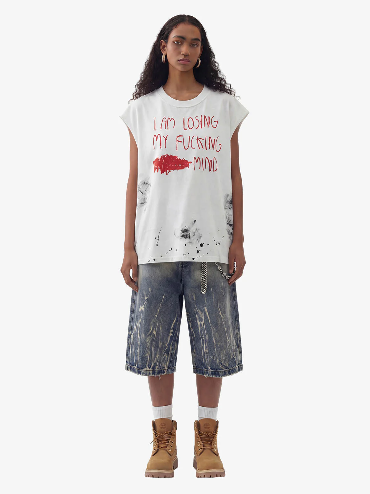 Grunge Slogan Print Distressed Raw Hem Sleeveless T-Shirt - Image 4