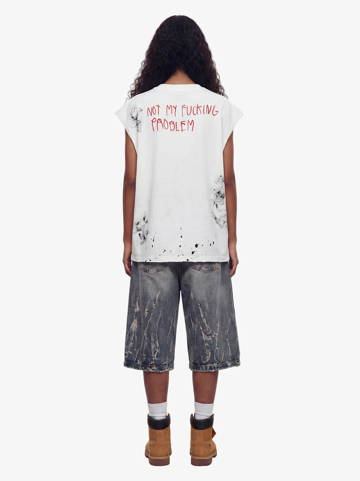 Grunge Slogan Print Distressed Raw Hem Sleeveless T-Shirt - Image 5