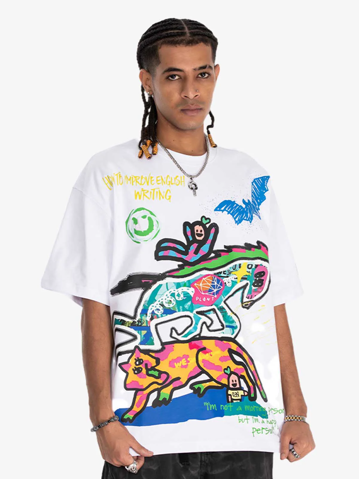 Hand-Painted Graffiti Animal Illustration Graphic T-Shirt - Image 7