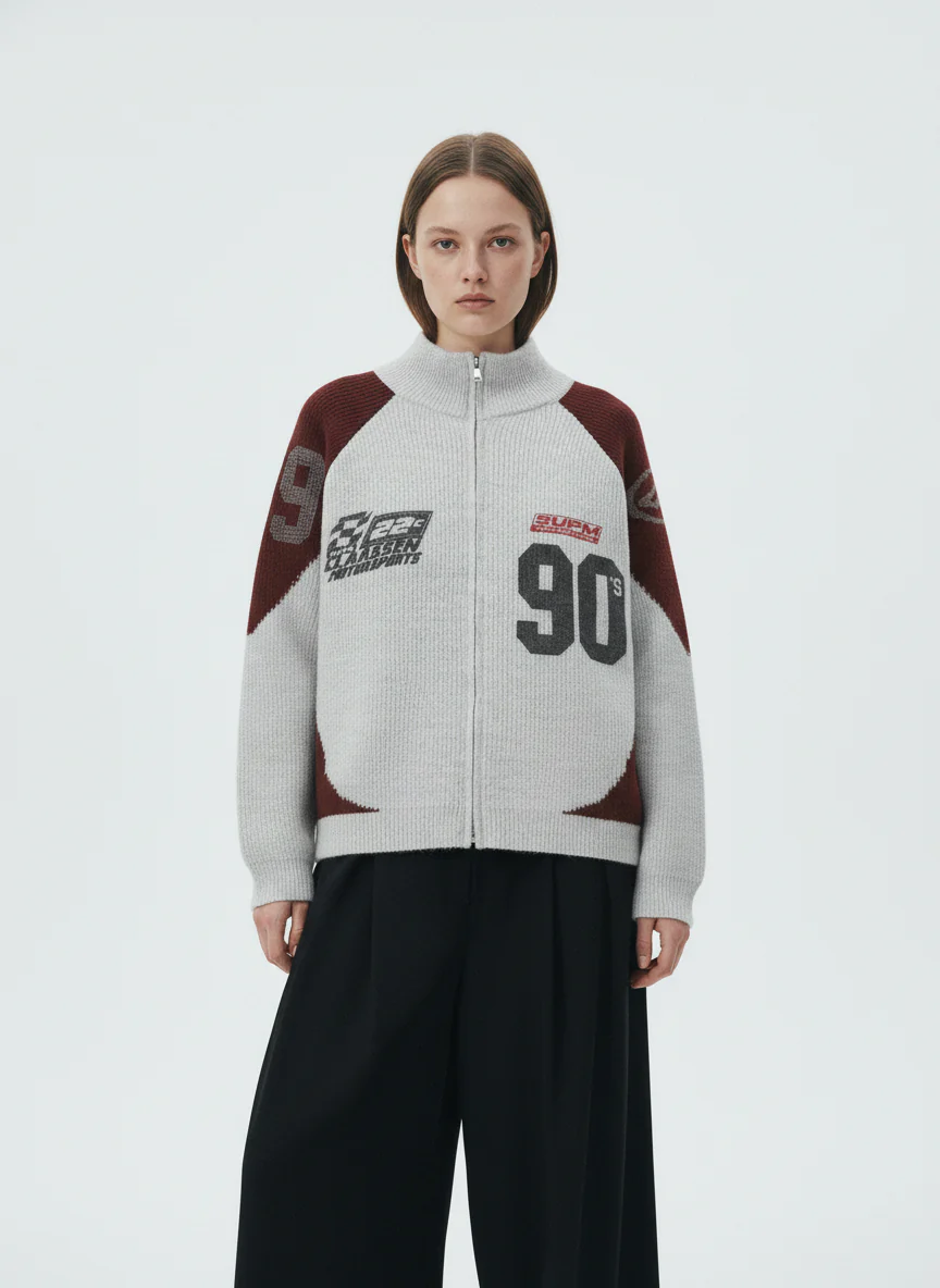 High Street Biker Style Patchwork Zip-up Knitted Jacket