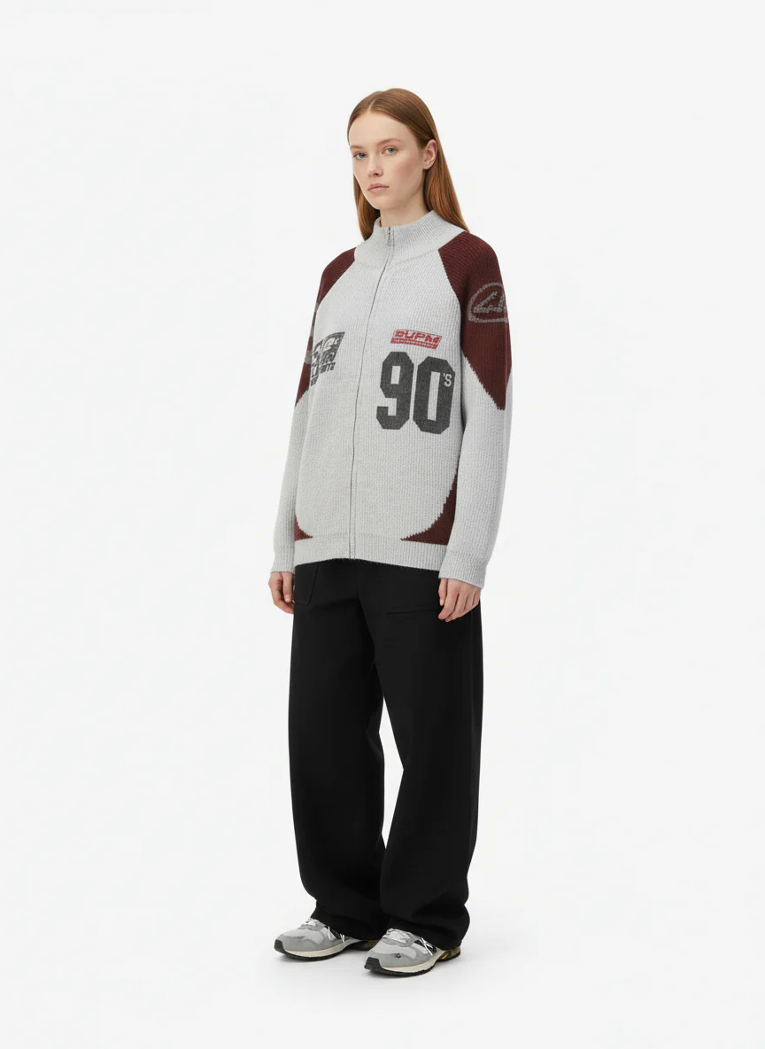 High Street Biker Style Patchwork Zip-up Knitted Jacket - Image 5