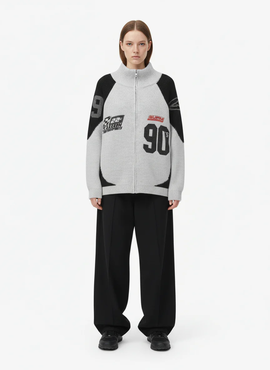 High Street Biker Style Patchwork Zip-up Knitted Jacket - Image 7