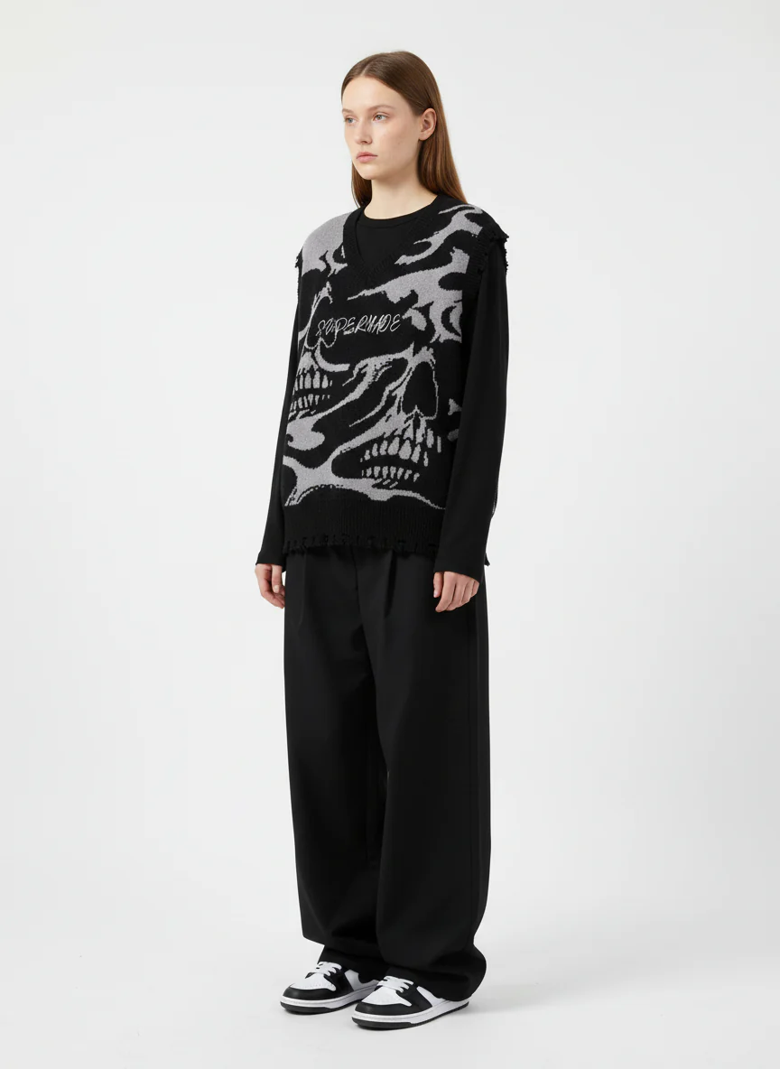 High Street Dark Skull Frayed-edge V-neck Sweater Vest - Image 5