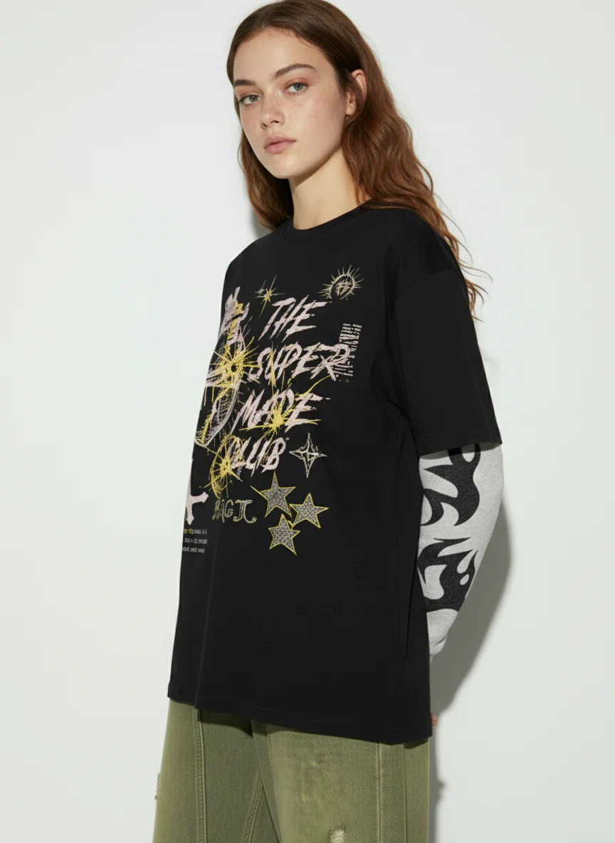 Hip-Hop Punk Faux Two-Piece Long-Sleeved T-Shirt - 2457 - Image 3