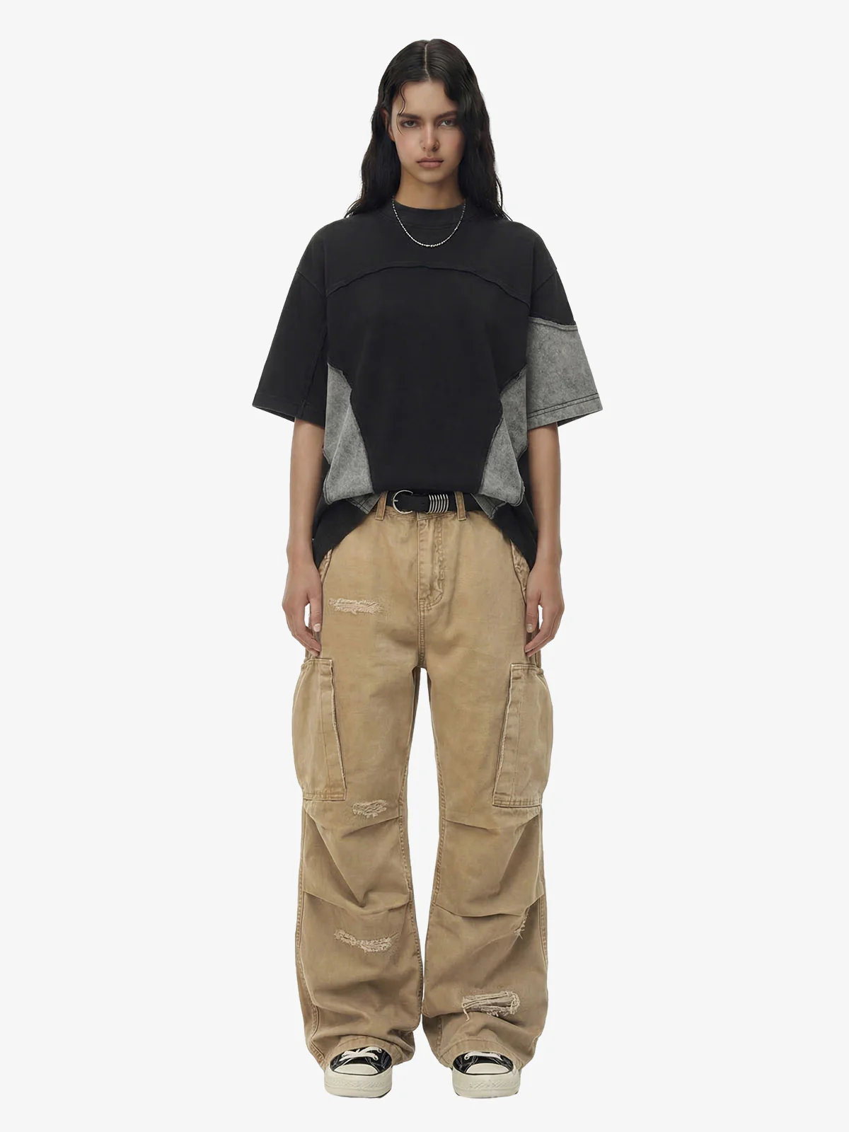 Cotton Hole Patch Pleated Multi-Pocket Cargo Casual Pants - Image 4