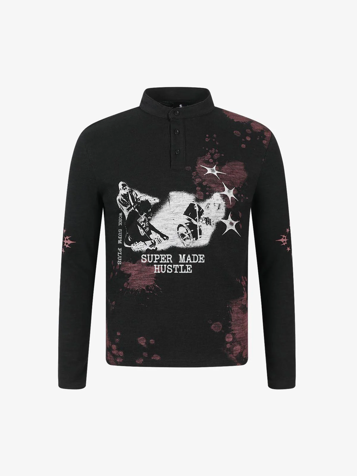 Hustle Graphic Print Henley Long Sleeve T-Shirt