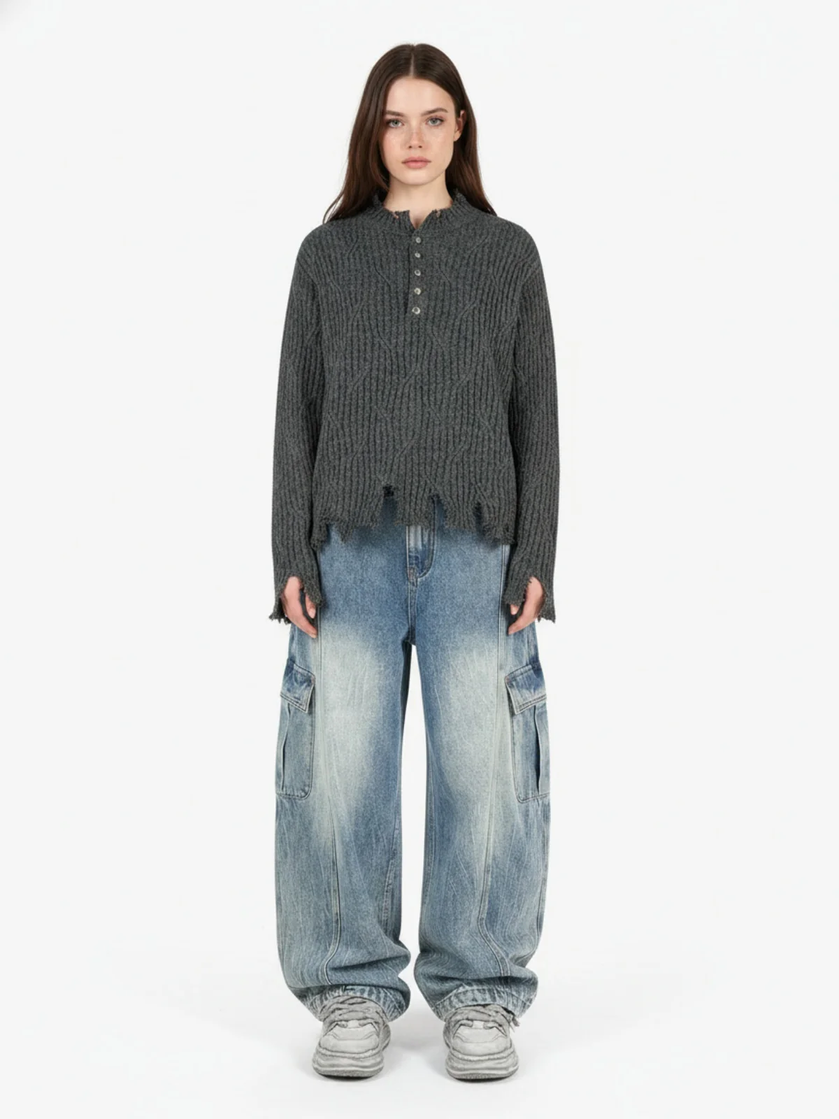Knitted Distressed Diamond Pattern Raw Edge Sweater - Image 3