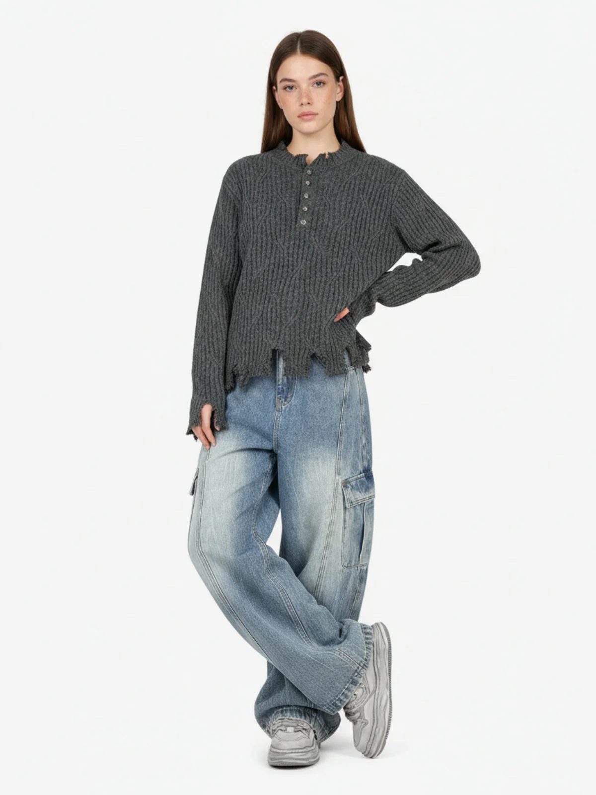 Knitted Distressed Diamond Pattern Raw Edge Sweater - Image 4