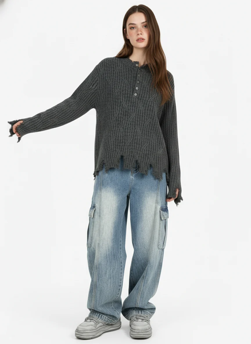 Knitted Distressed Diamond Pattern Raw Edge Sweater - Image 5