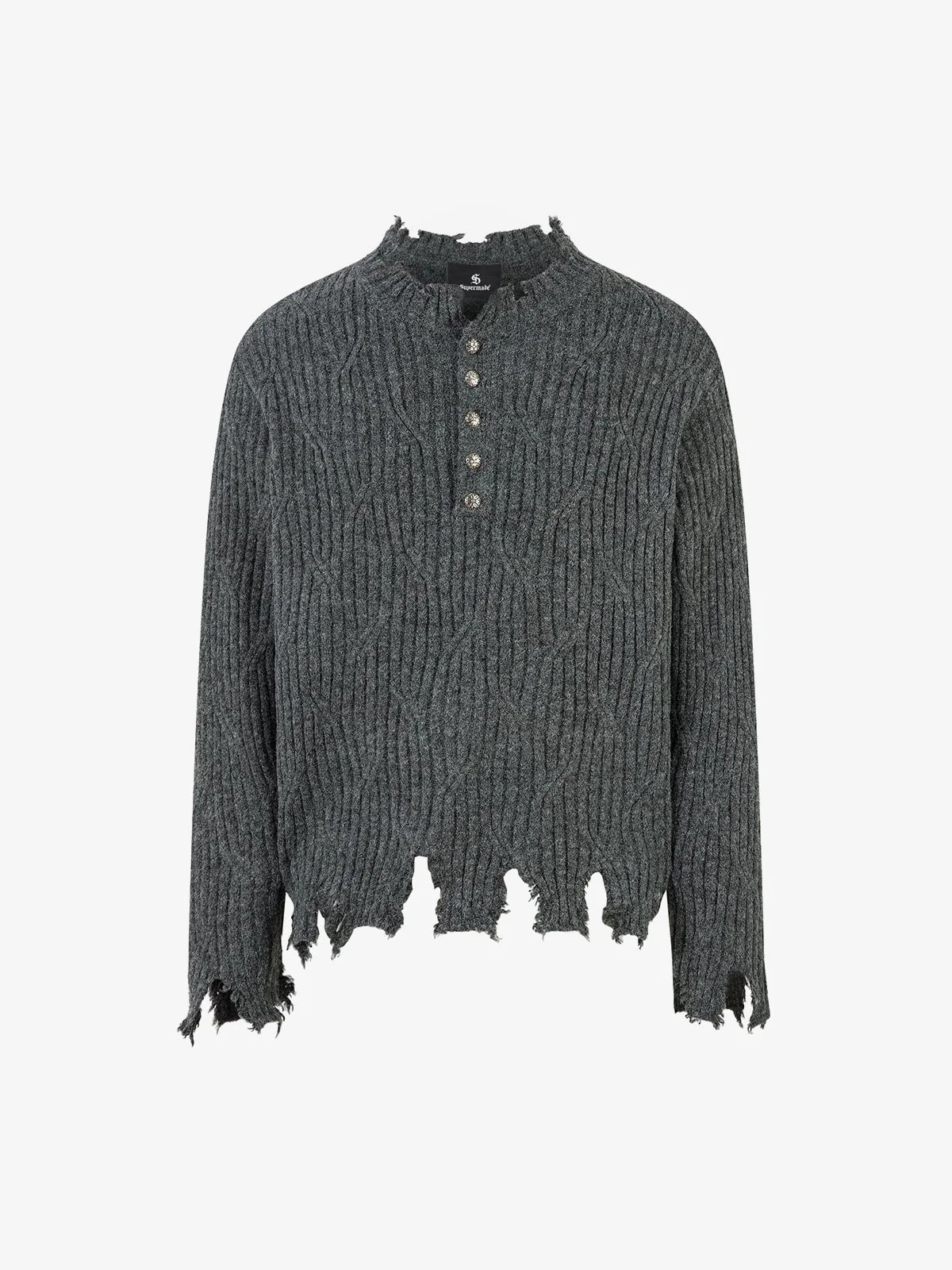 Knitted Distressed Diamond Pattern Raw Edge Sweater - Image 6