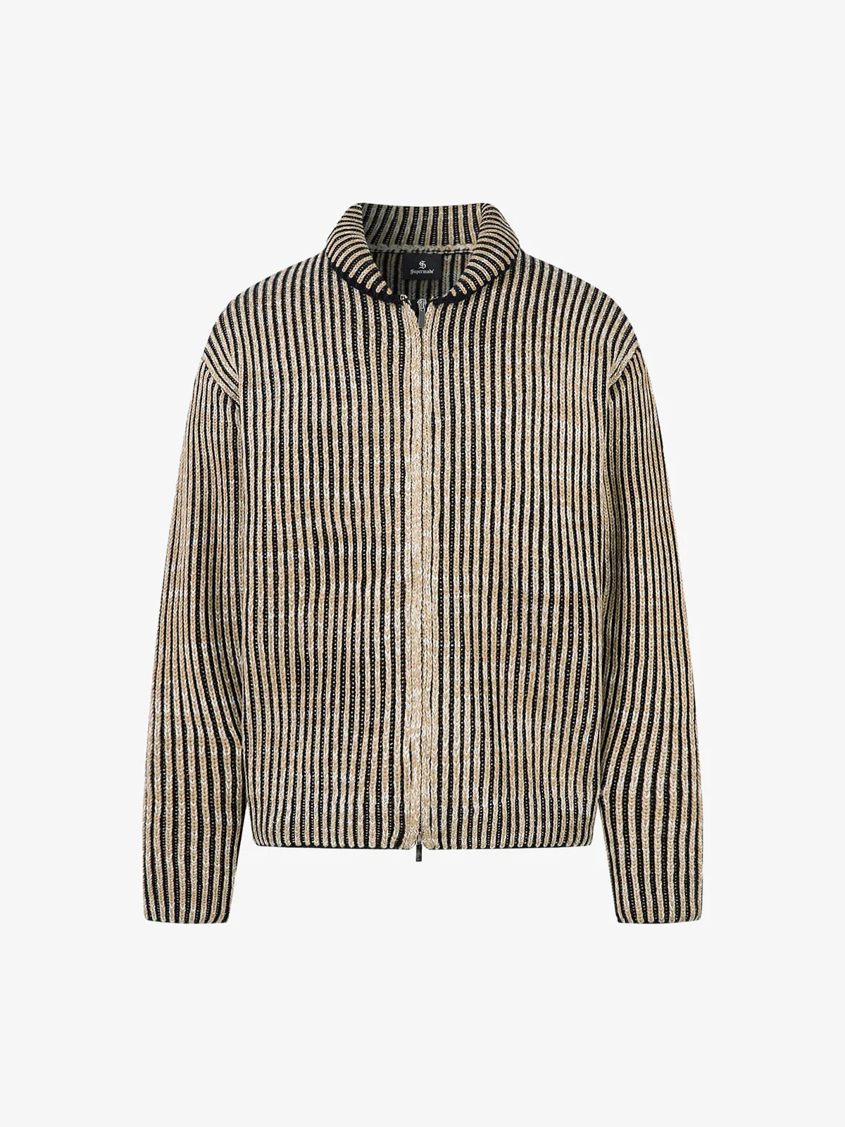 Knitted Retro Zipper Cardigan Stand Collar Vertical Striped Sweater