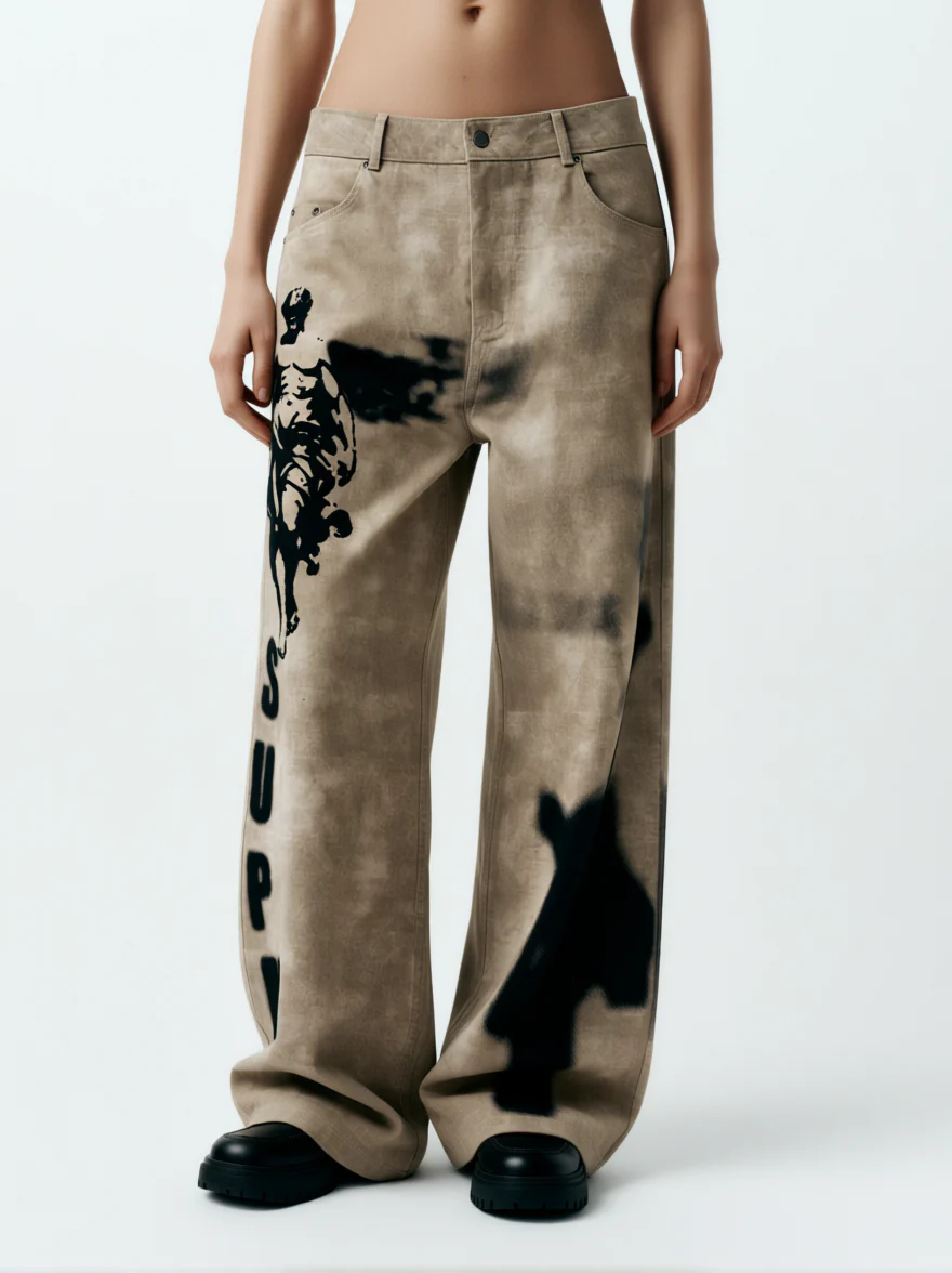 Original Large Cross Angel Print Distressed Jeans