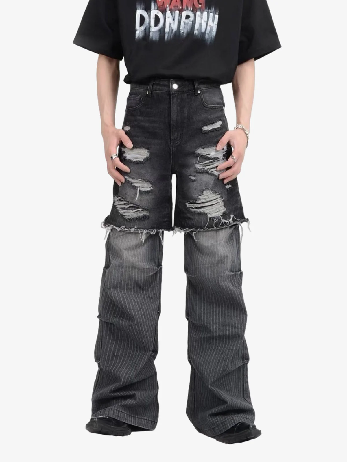 Layered Distressed Denim Shorts Stacked Flared Jeans