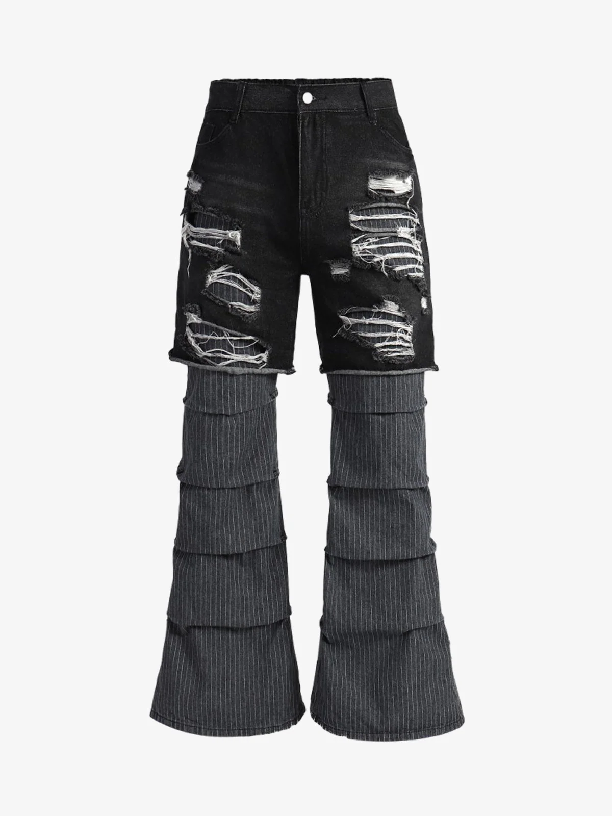 Layered Distressed Denim Shorts Stacked Flared Jeans - Image 2