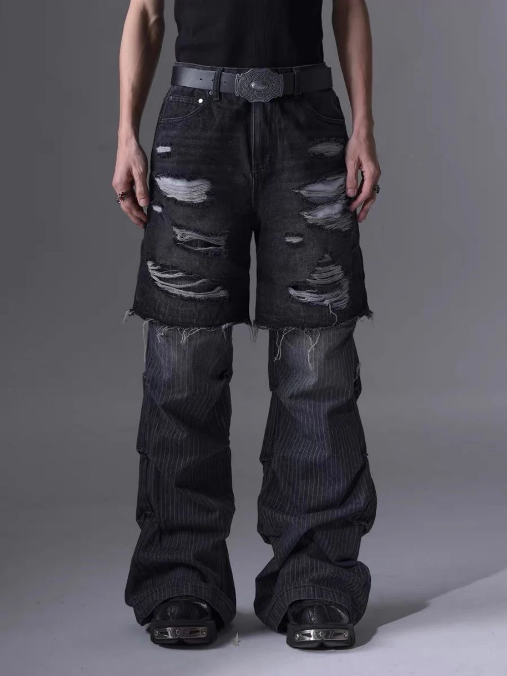 Layered Distressed Denim Shorts Stacked Flared Jeans - Image 3