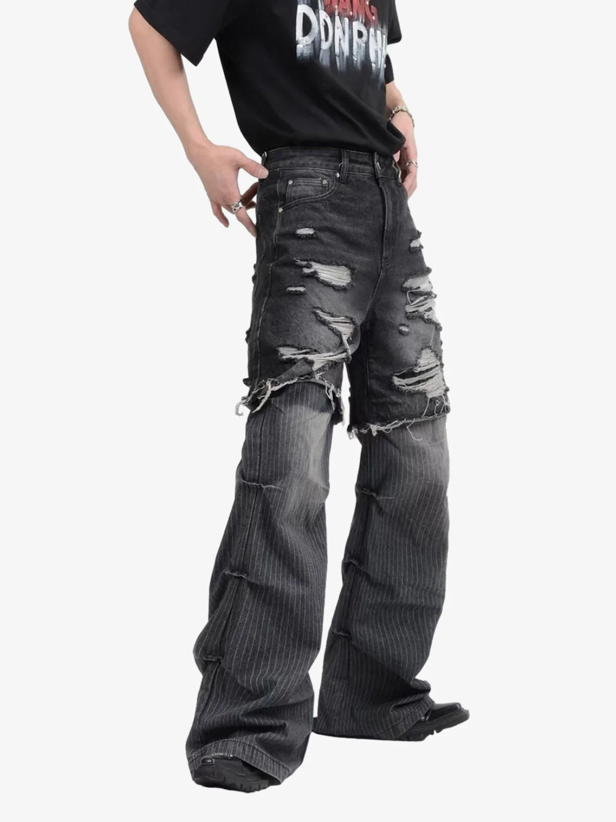 Layered Distressed Denim Shorts Stacked Flared Jeans - Image 4