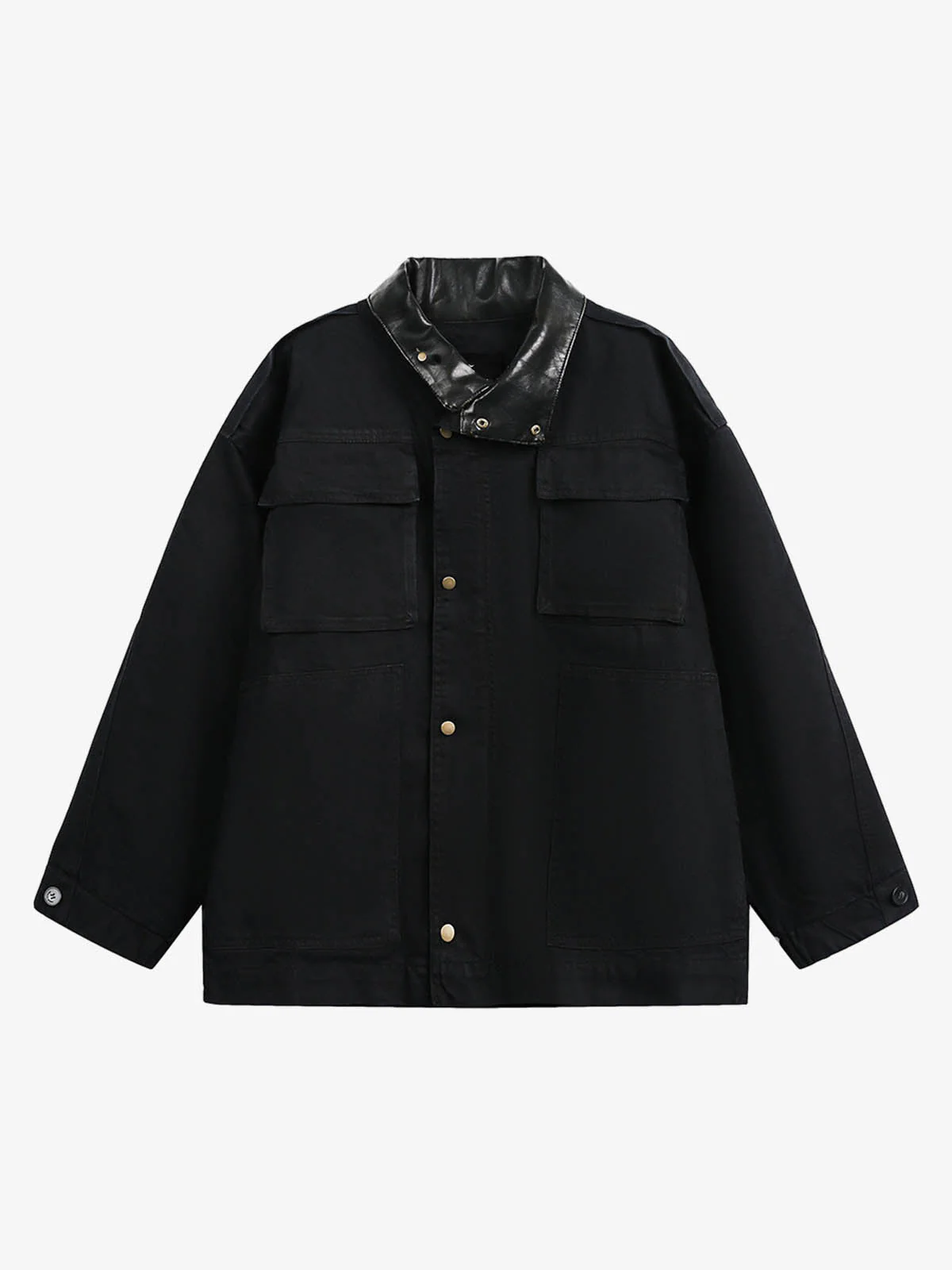 Leather Contrast Fold-Over Collar Multi Pocket Jacket - Image 2