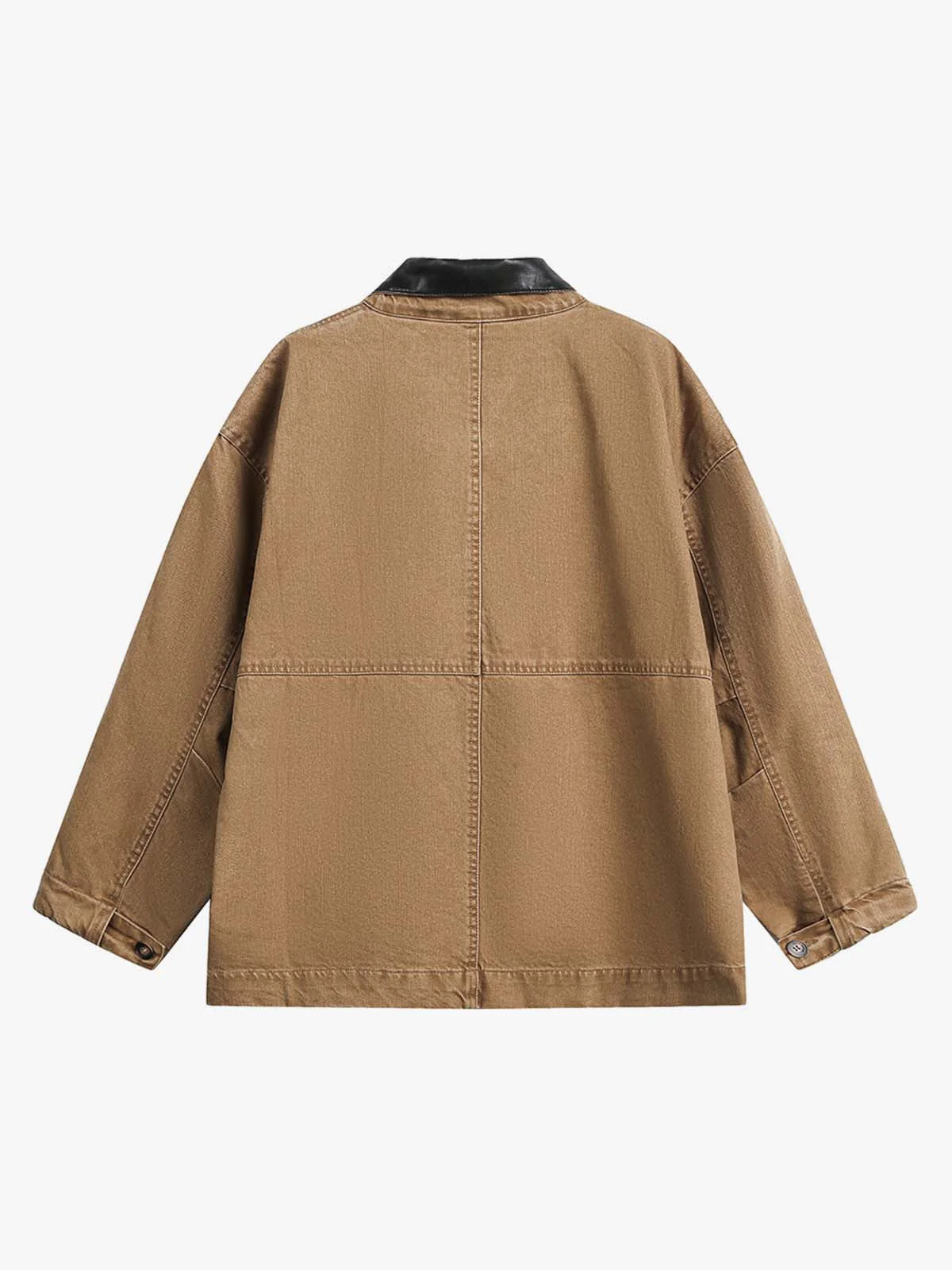 Leather Contrast Fold-Over Collar Multi Pocket Jacket - Image 3