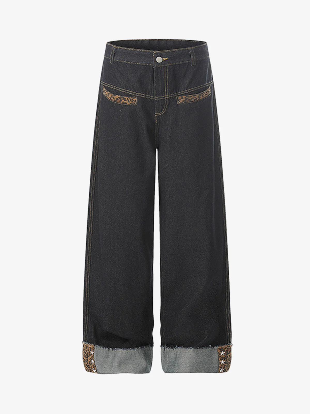 Leopard Print Trim Washed Jeans - Image 2