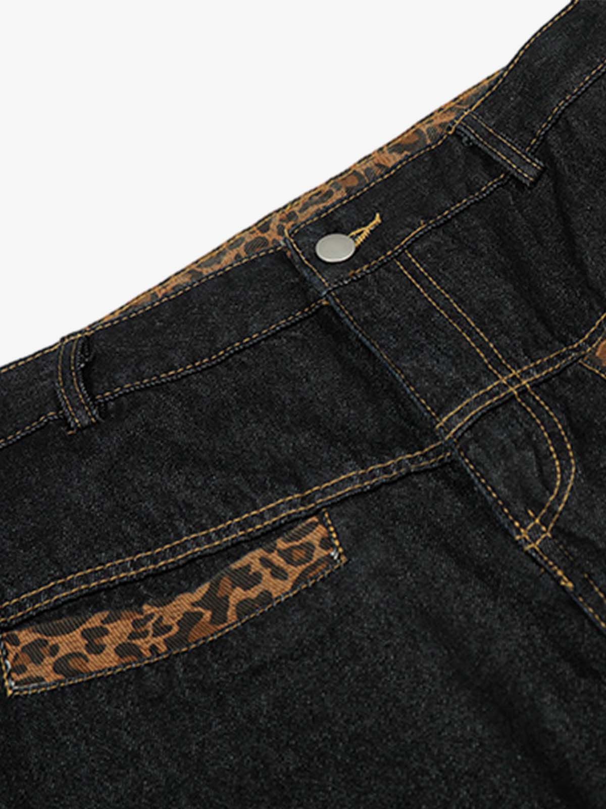 Leopard Print Trim Washed Jeans - Image 5