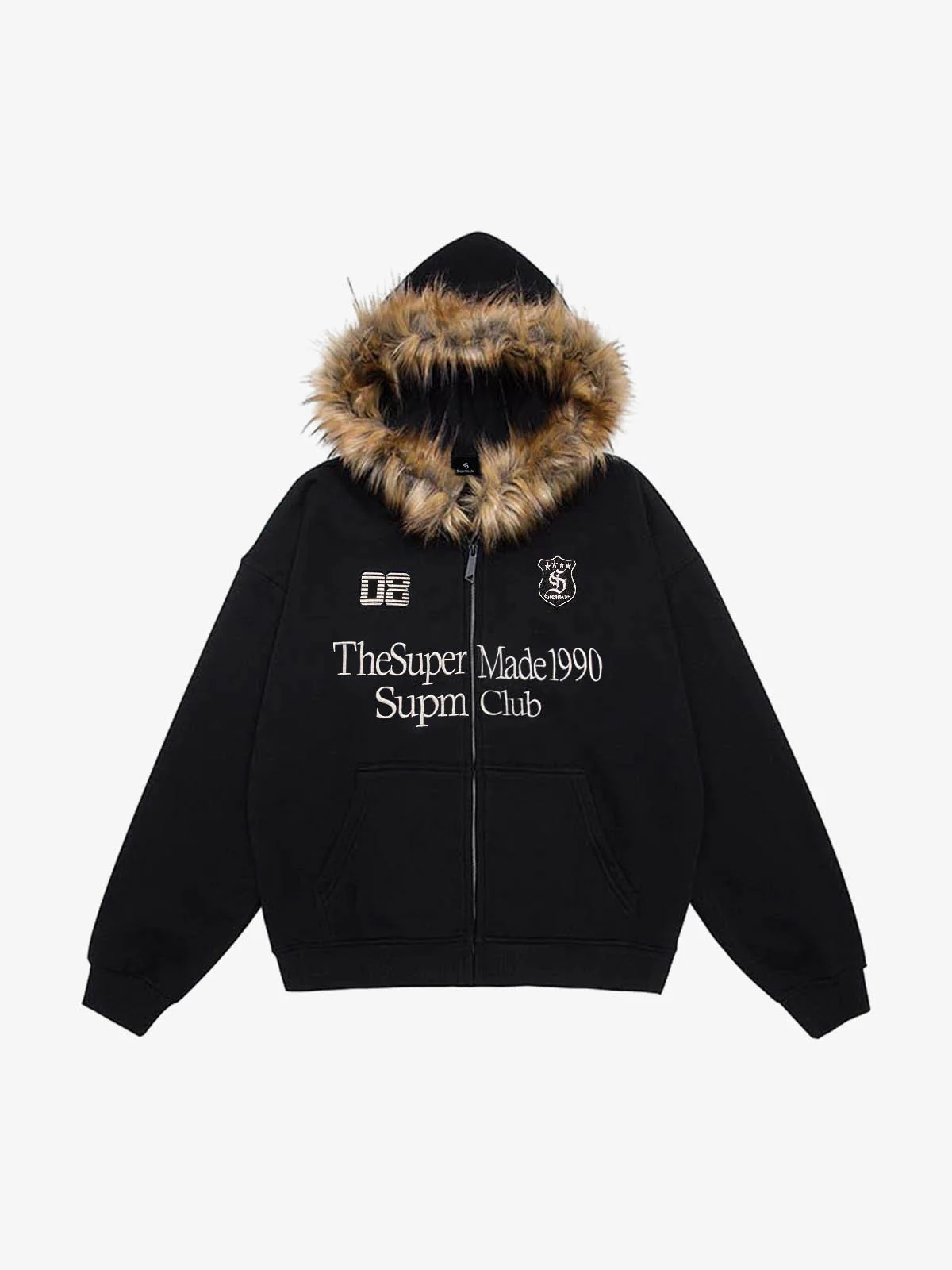 Letter Medal Embroidered Cardigan Fur Collar Hooded Sweatshirt - 2502 - Image 10