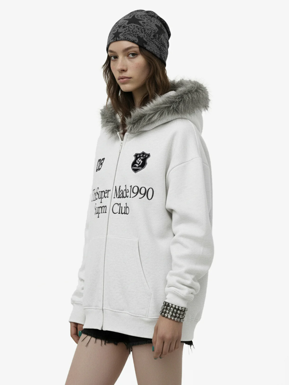 Letter Medal Embroidered Cardigan Fur Collar Hooded Sweatshirt - 2502 - Image 3