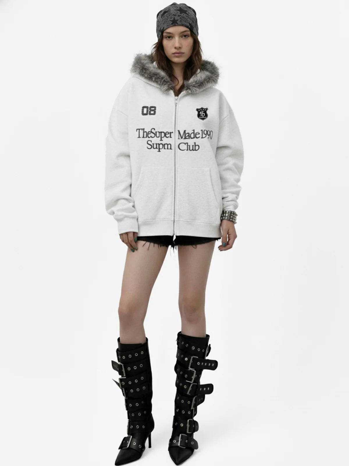 Letter Medal Embroidered Cardigan Fur Collar Hooded Sweatshirt - 2502 - Image 4