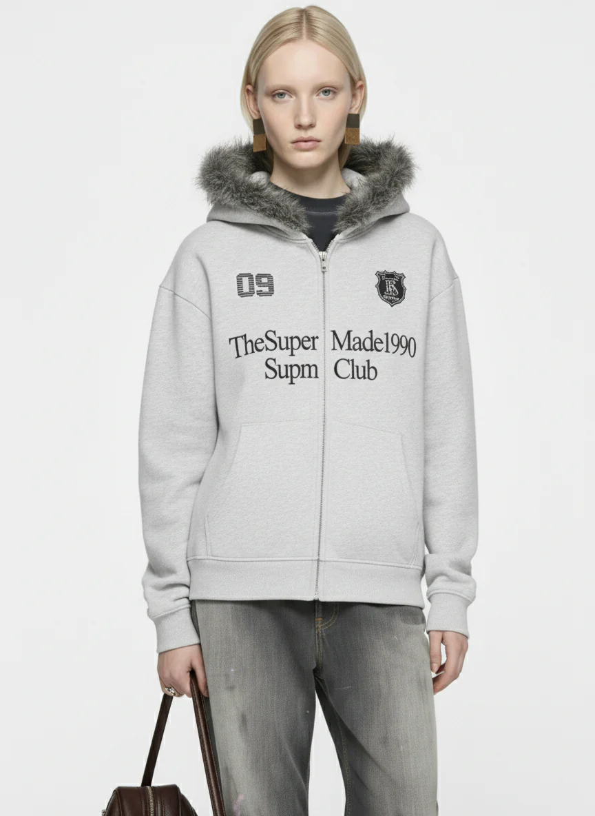 Letter Medal Embroidered Cardigan Fur Collar Hooded Sweatshirt - 2502 - Image 5