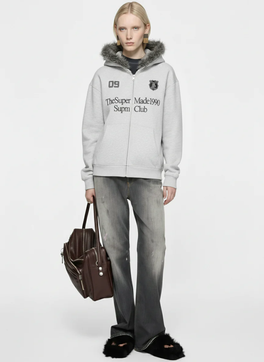 Letter Medal Embroidered Cardigan Fur Collar Hooded Sweatshirt - 2502 - Image 6