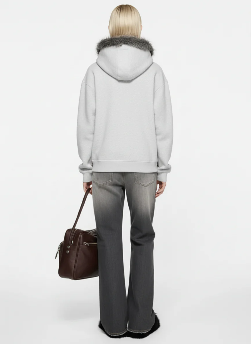 Letter Medal Embroidered Cardigan Fur Collar Hooded Sweatshirt - 2502 - Image 7