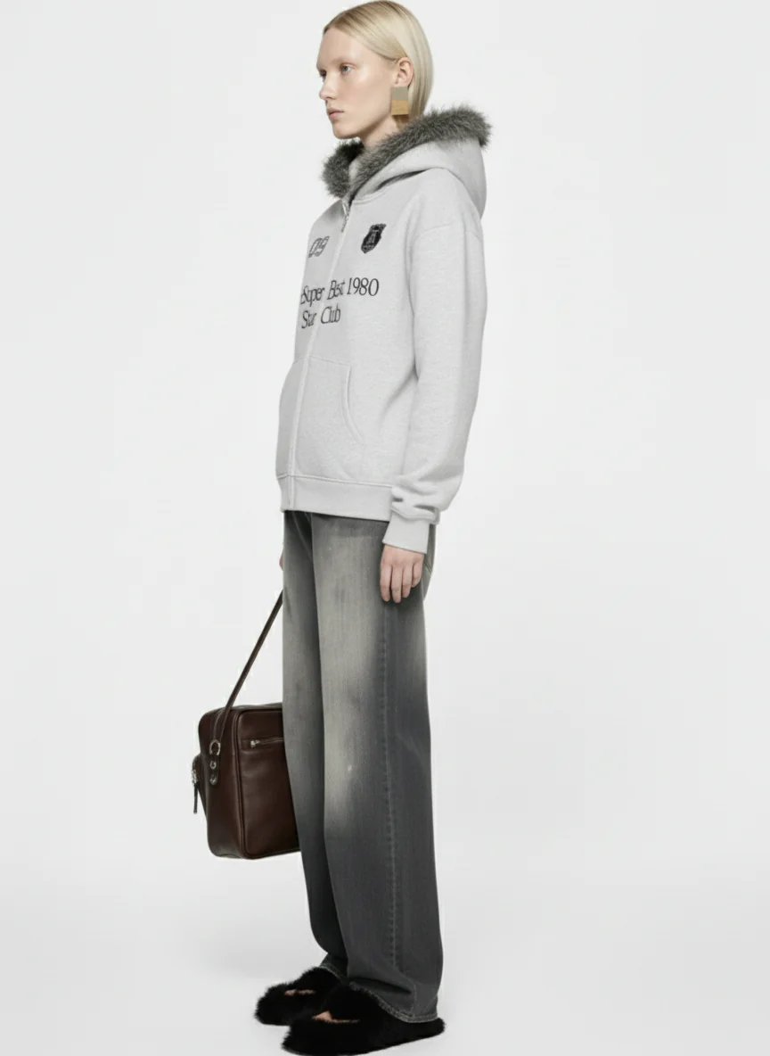 Letter Medal Embroidered Cardigan Fur Collar Hooded Sweatshirt - 2502 - Image 8