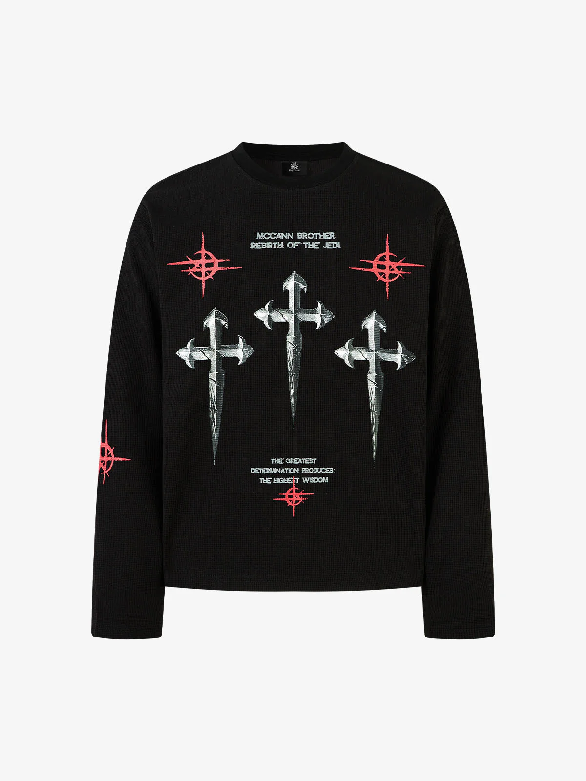 Letter Print Waffle Cross Long-Sleeved T-Shirt - Image 2