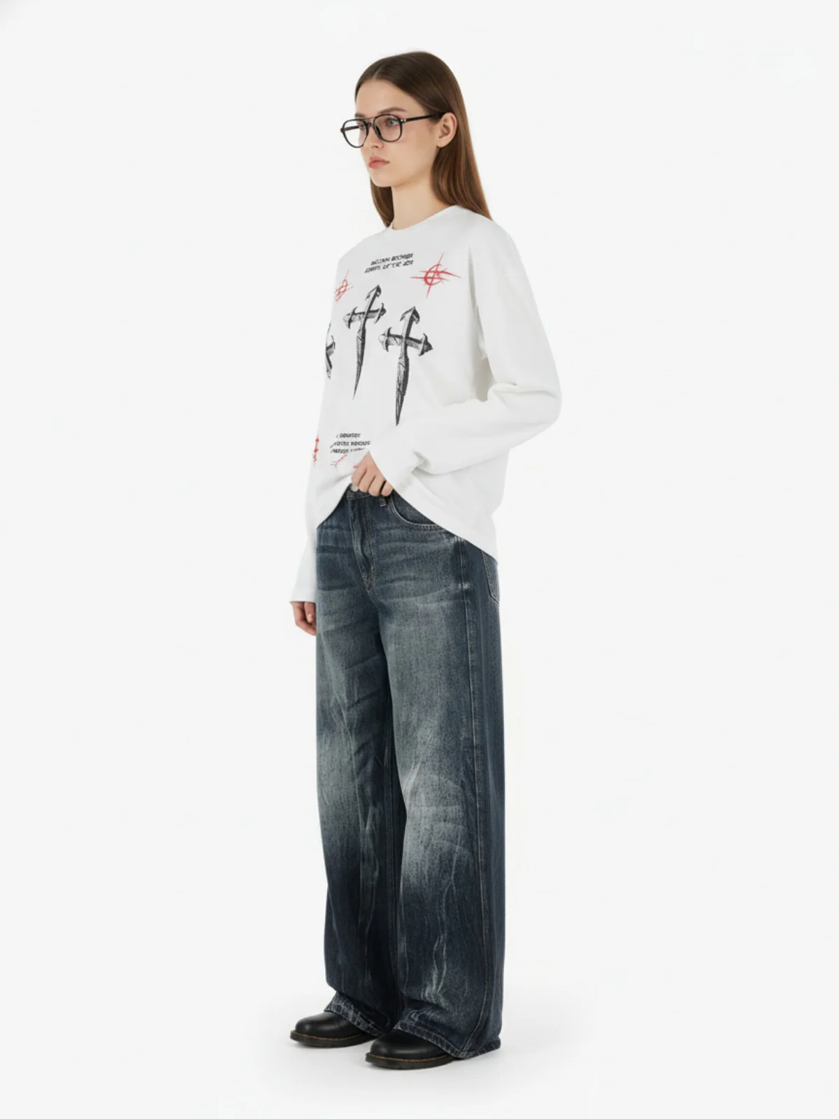 Letter Print Waffle Cross Long-Sleeved T-Shirt - Image 3