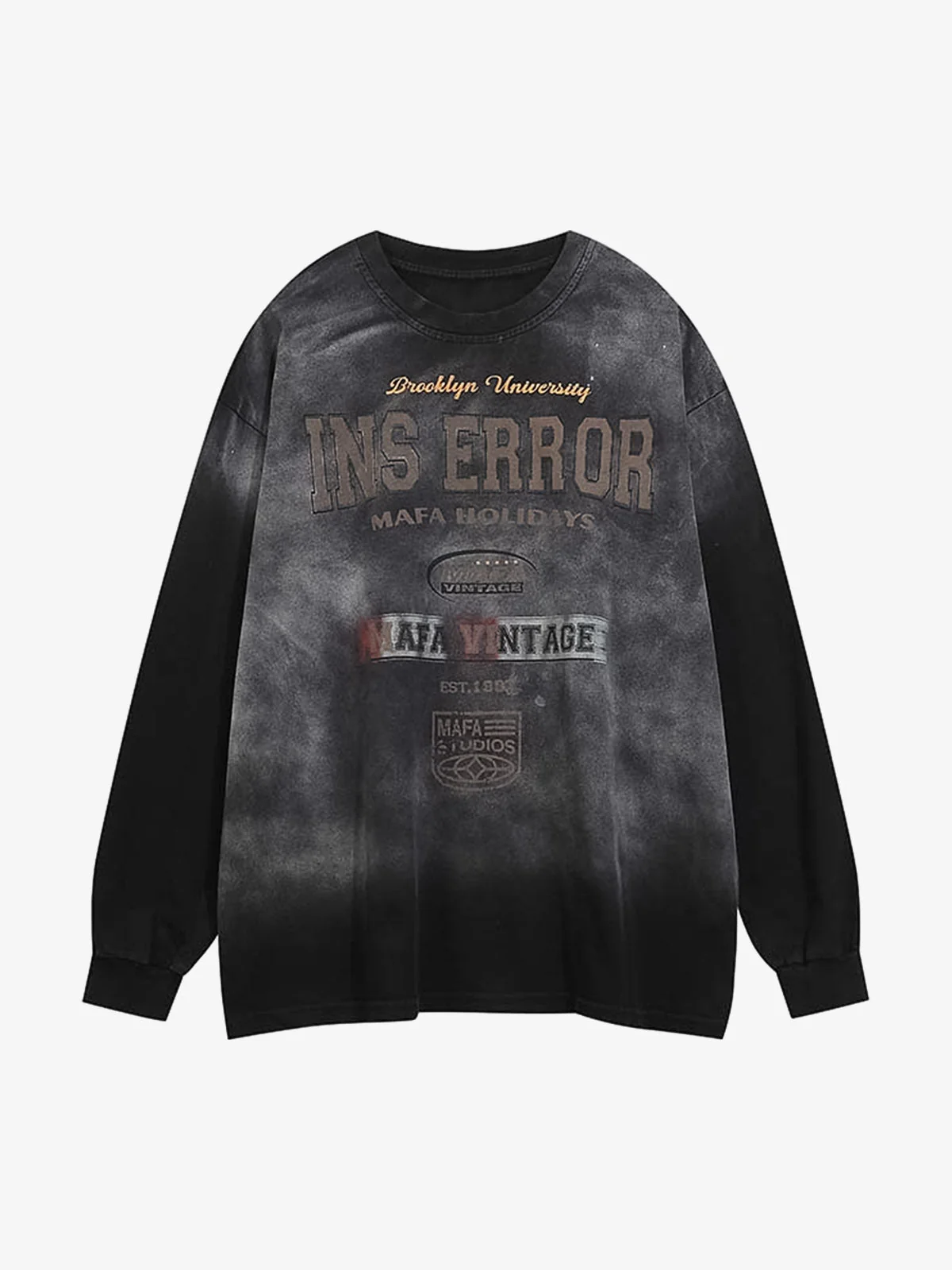 Letter Printed Washed Distressed Gradient Long Sleeve T-Shirt