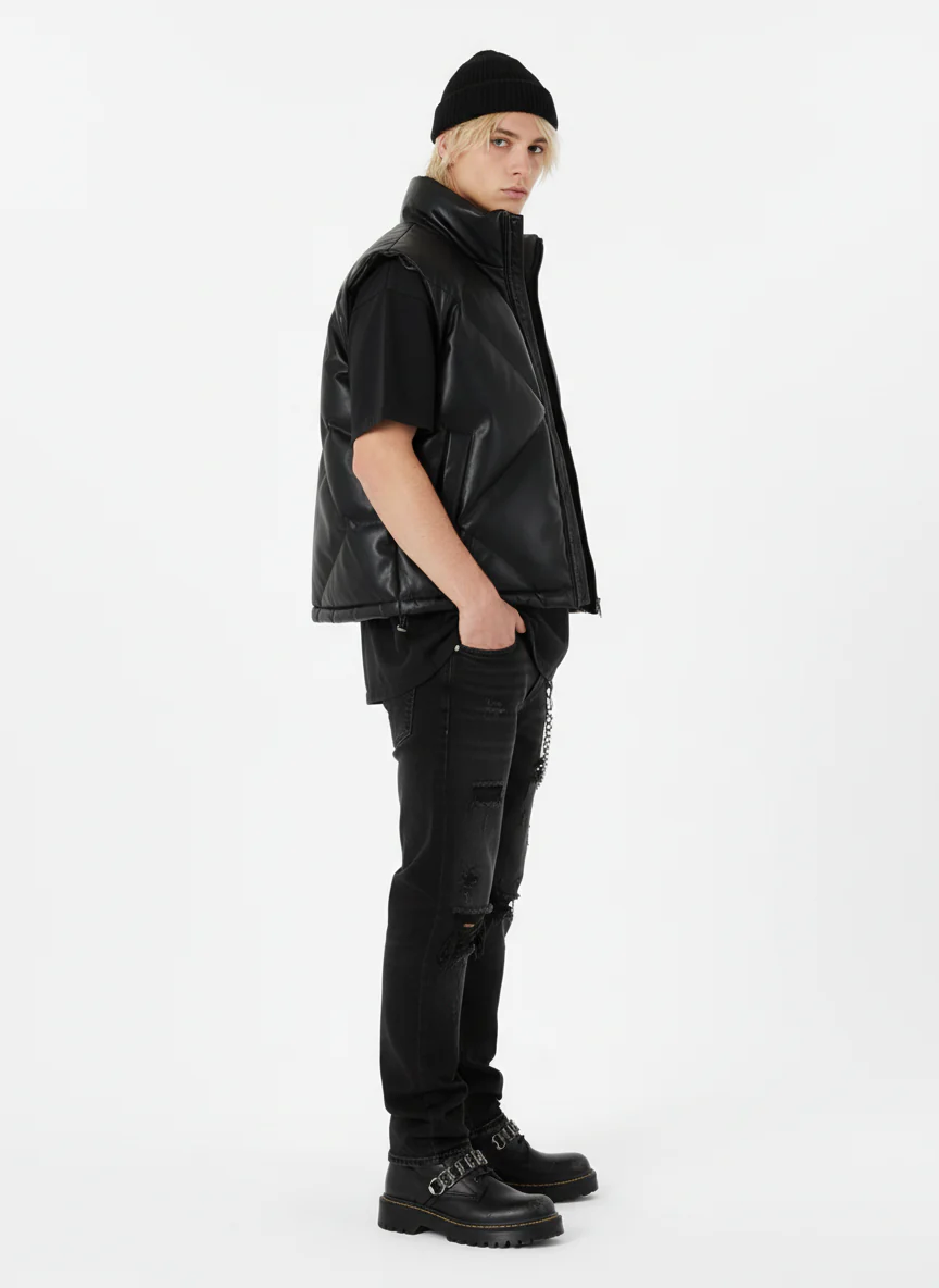 Minimalist Faux Leather Stand Collar Puffer Vest - Image 10