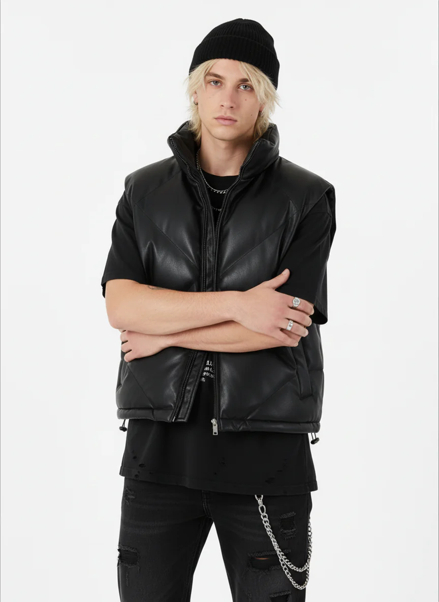 Minimalist Faux Leather Stand Collar Puffer Vest - Image 3
